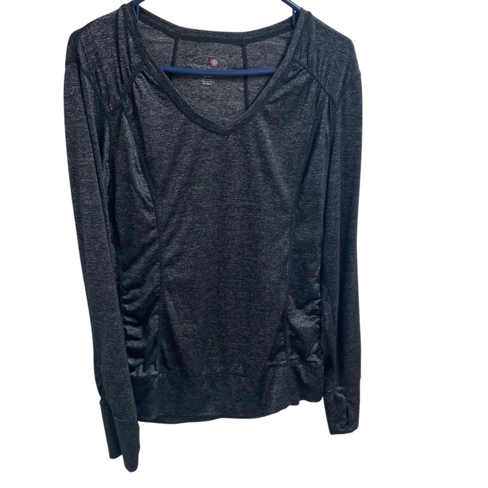 Tangerine Ladies Workout Shirt Black V Neck Shimmery Long Sleeve Thumb Holes Lg‎